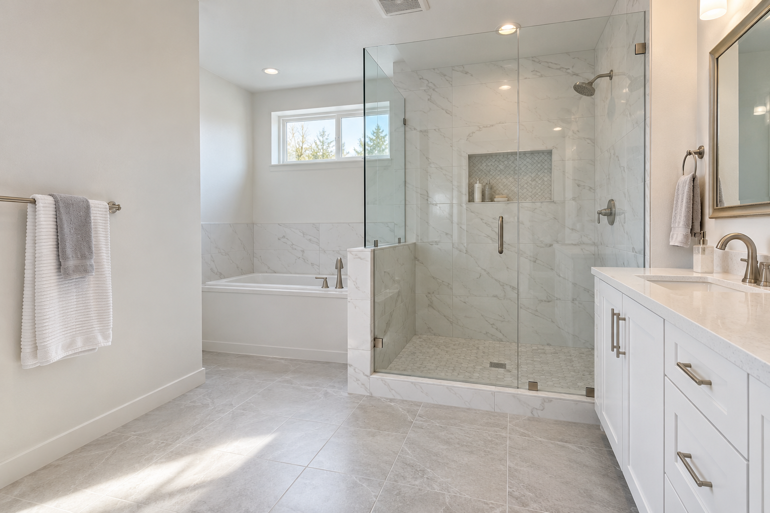 Design inspiration: freshly renovated bathroom with porcelain tile, glass shower and white vanity