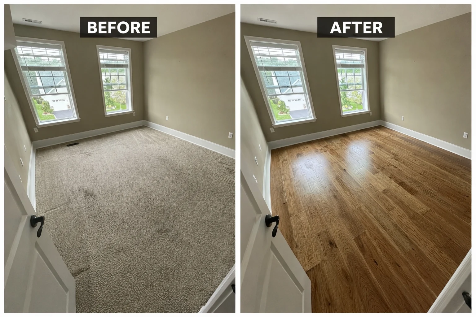 Before and after: Carpet replaced with warm wood-look flooring.