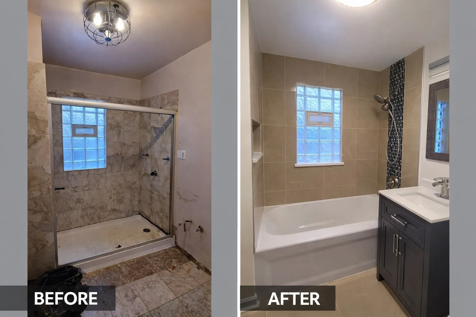 Before and after: Updated tub surround, accent tile, and vanity.