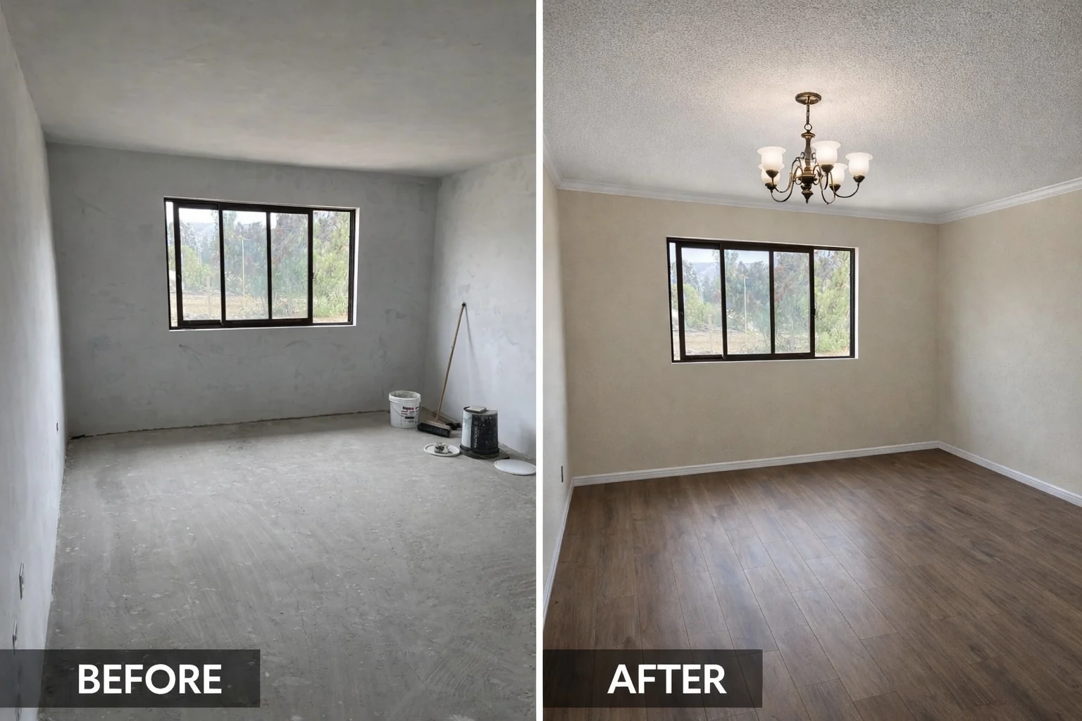 Before and after: Flooring, painted walls, trim, and a finished ceiling.