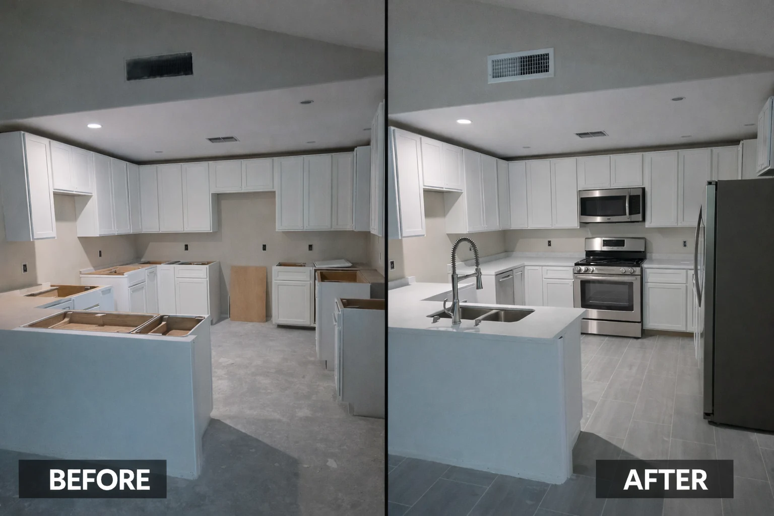Before and after: White cabinetry, finished counters, and coordinated flooring.