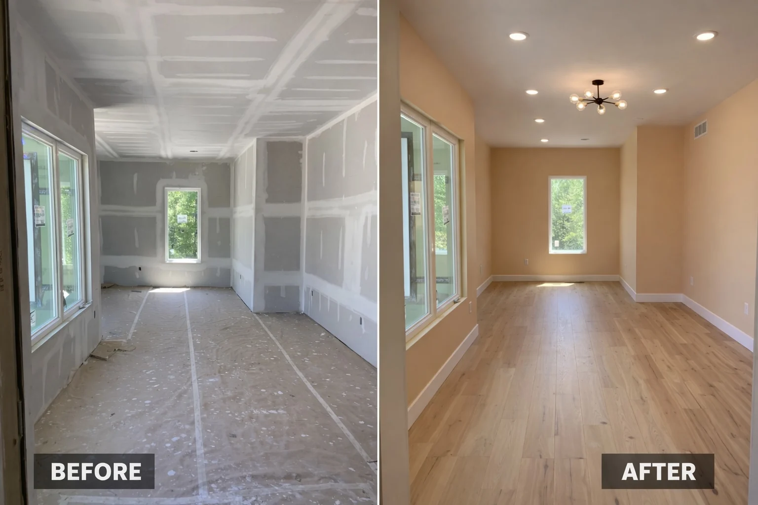 Before and after: From unfinished drywall to a bright, finished living space.
