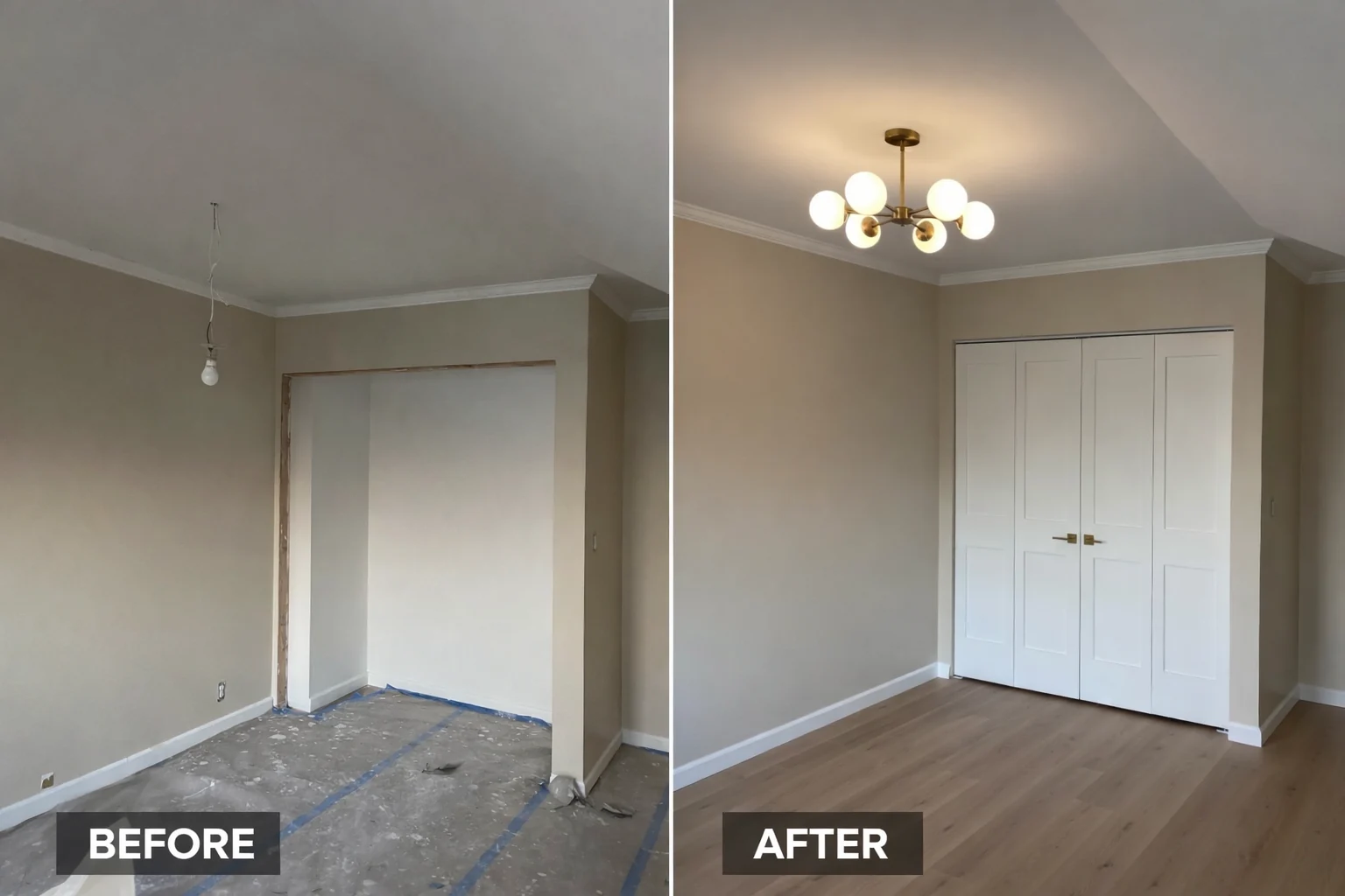 Before and after: Closet doors, trim, flooring, and a finished room.