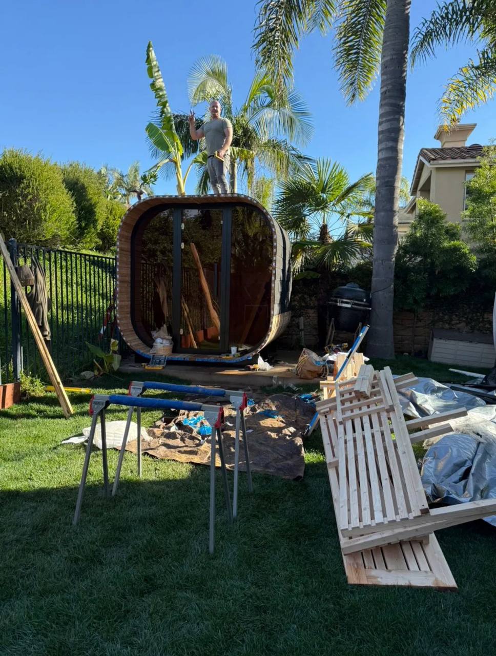 Sauna assembly in progress.