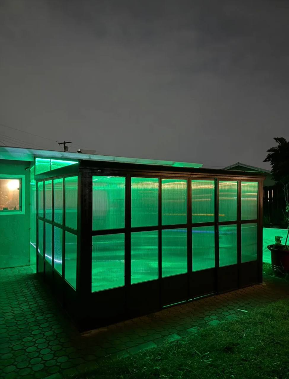 Exterior view of the assembled patio enclosure.