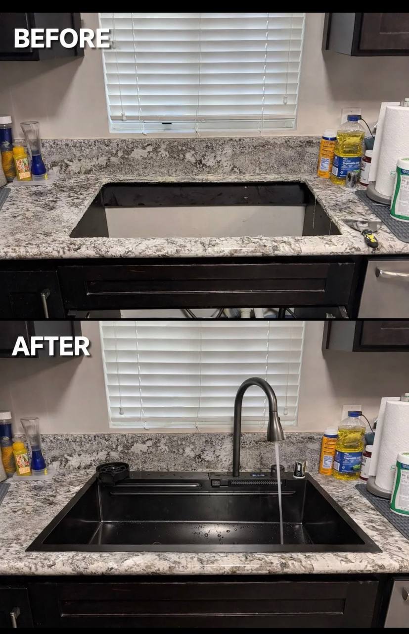 Before and after: sink and faucet installation.